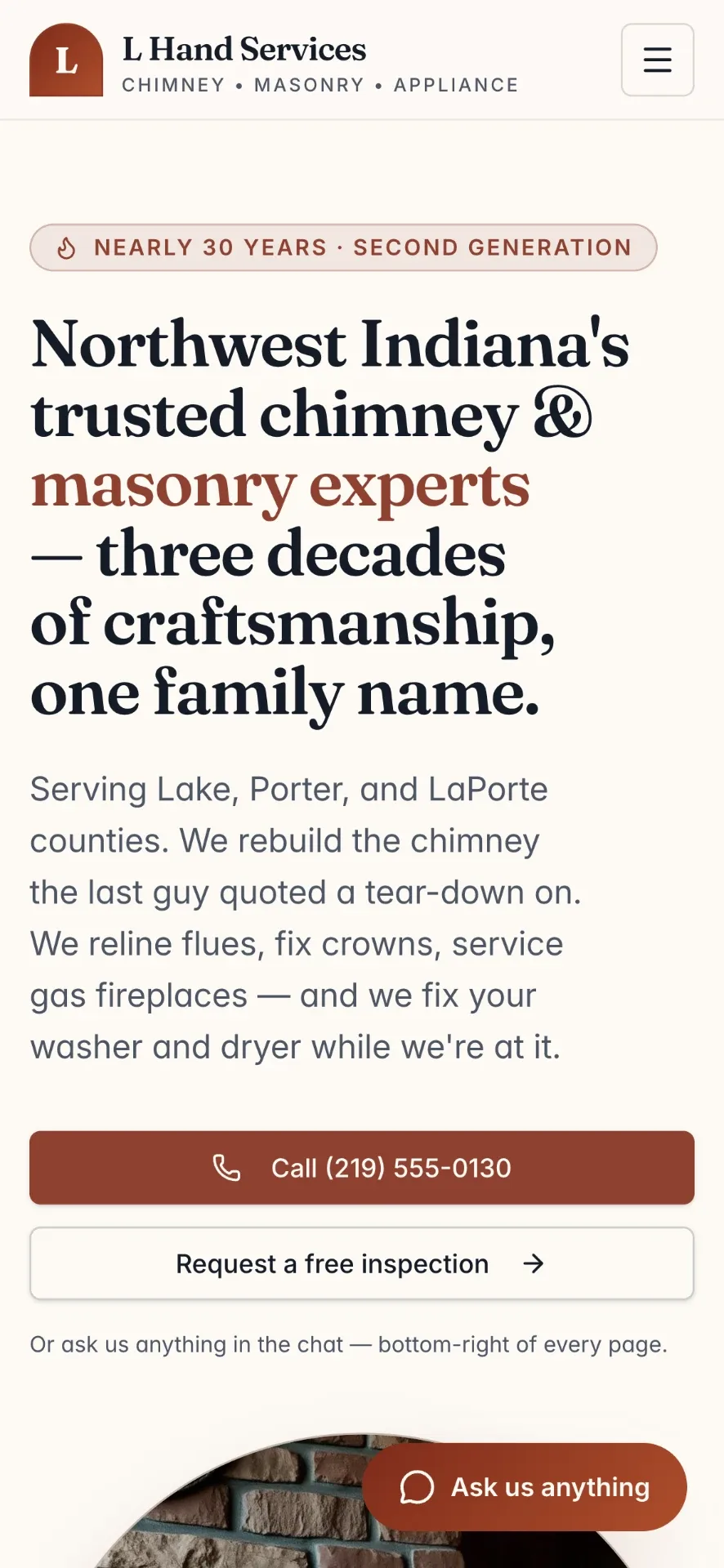 Mobile homepage of Chimney & Masonry Website, chimney & masonry website by AMPDmedia