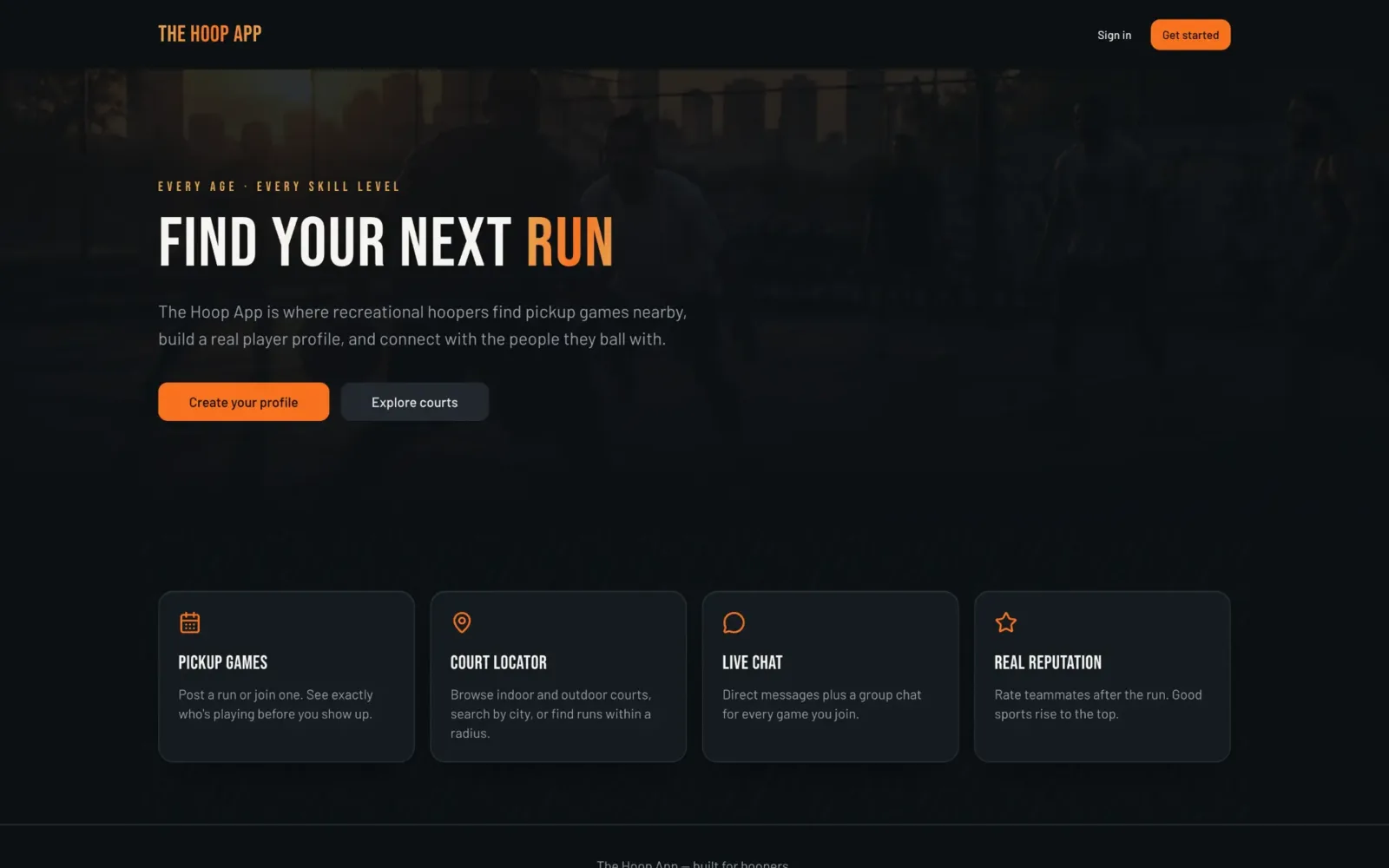 Homepage of The Hoop App, app / community platform website by AMPDmedia
