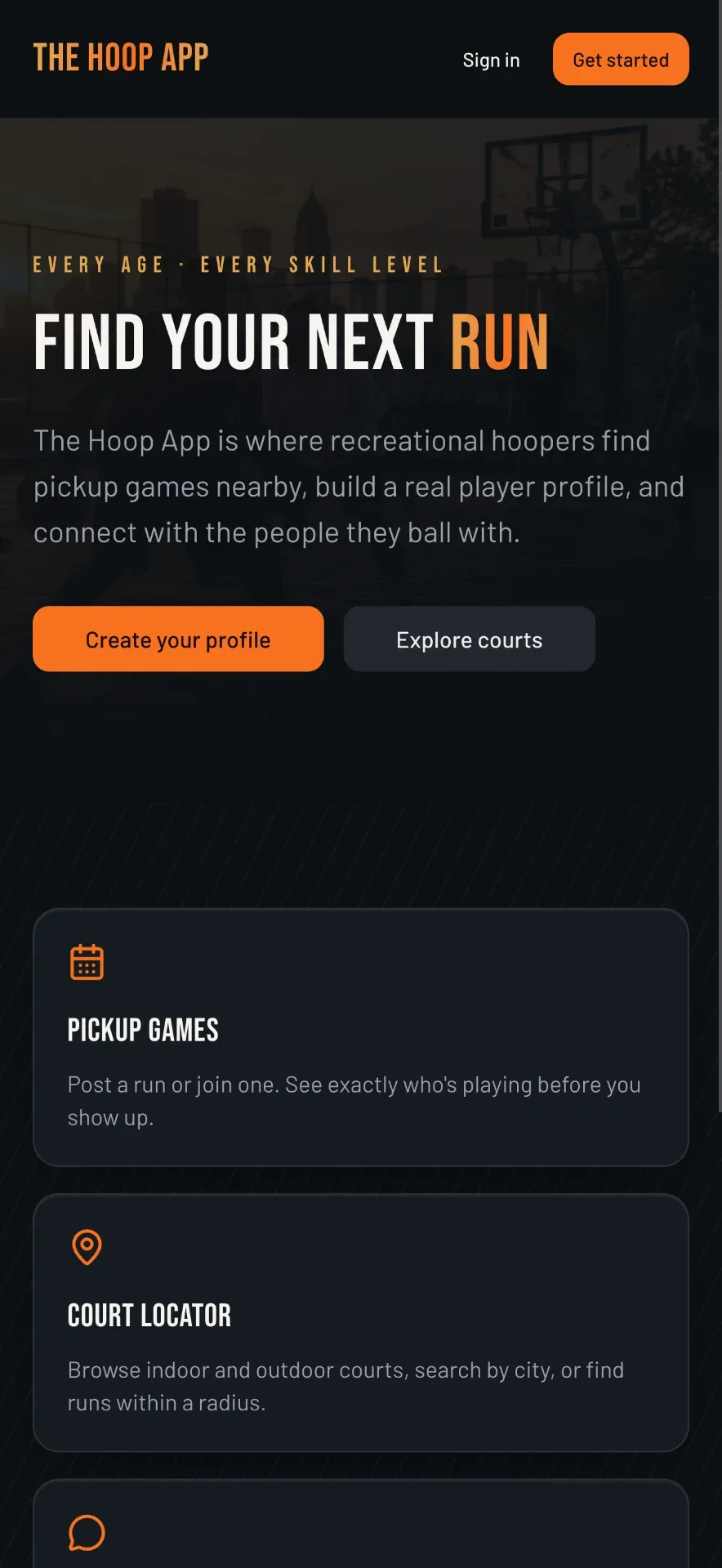 Mobile homepage of The Hoop App, app / community platform website by AMPDmedia