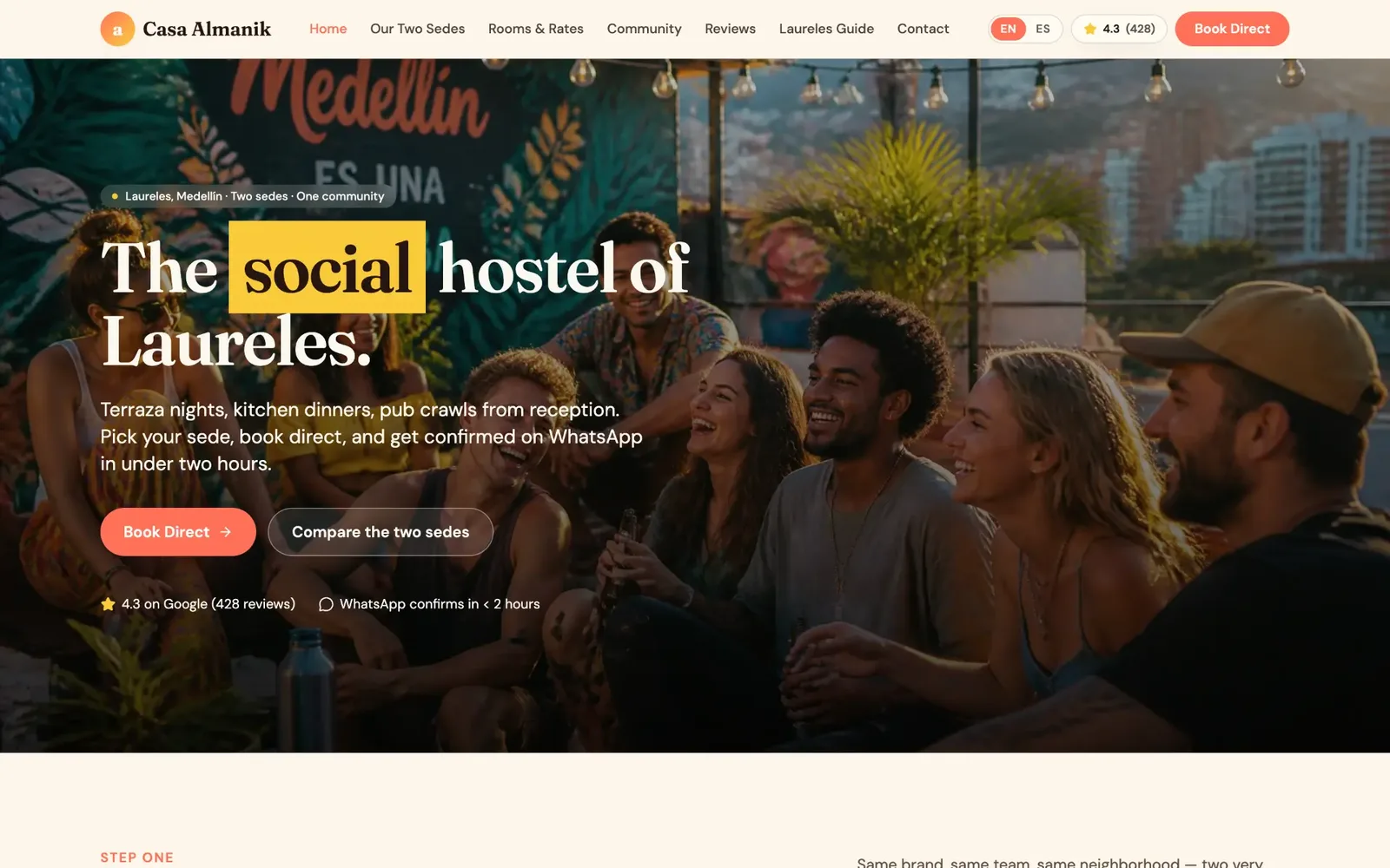 Homepage of Hostel Website Concept for Medellín, hospitality / hostel website by AMPDmedia