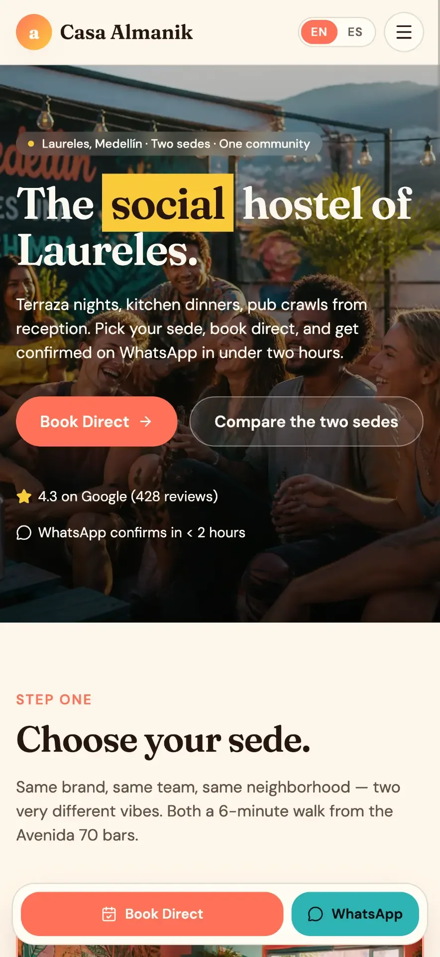 Mobile homepage of Hostel Website Concept for Medellín, hospitality / hostel website by AMPDmedia