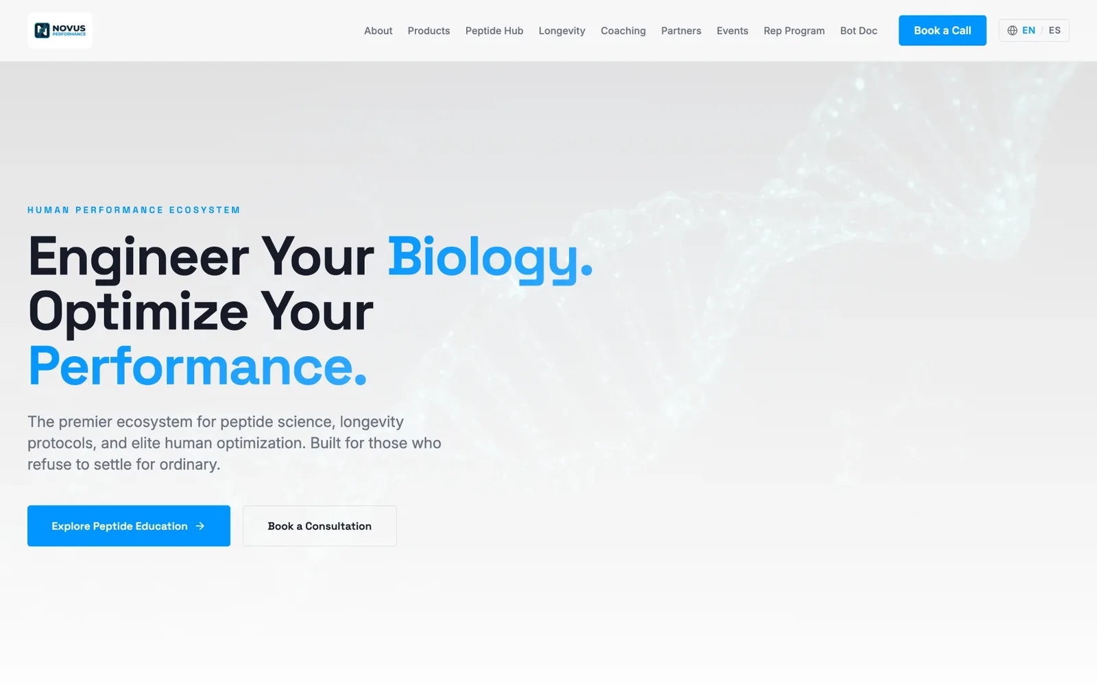 Homepage of Novus Performance, wellness & performance website by AMPDmedia