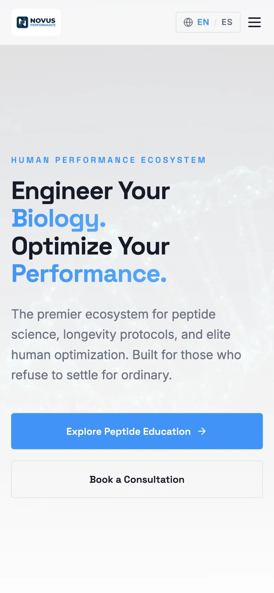 Mobile homepage of Novus Performance, wellness & performance website by AMPDmedia