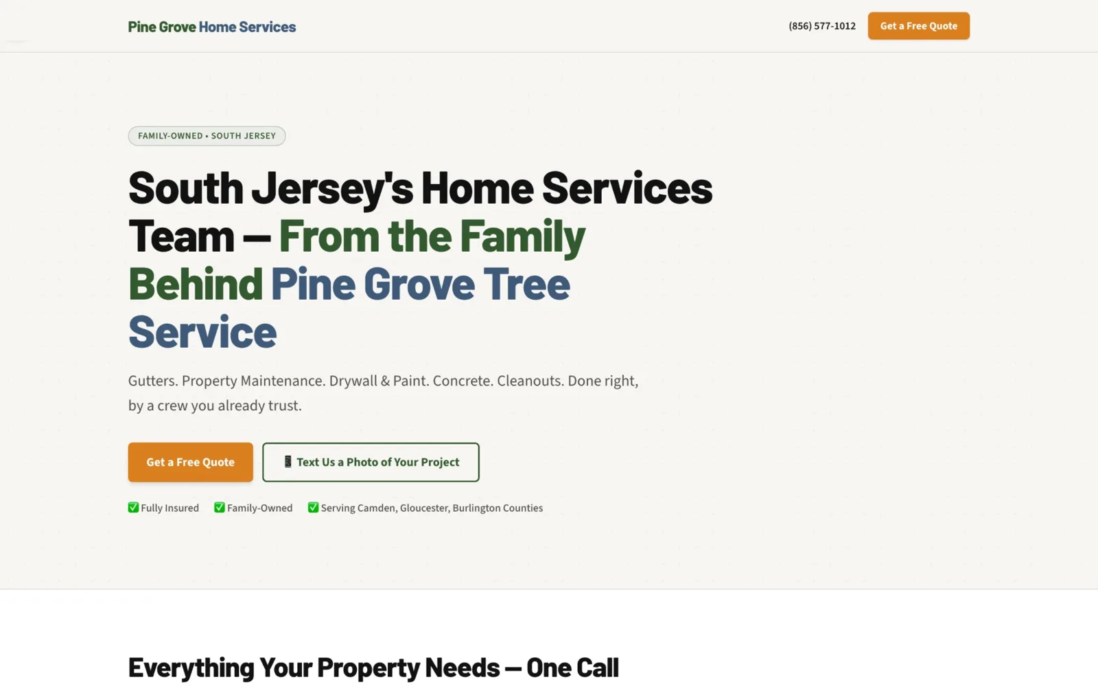 Homepage of Pine Grove Home Services, home services website by AMPDmedia