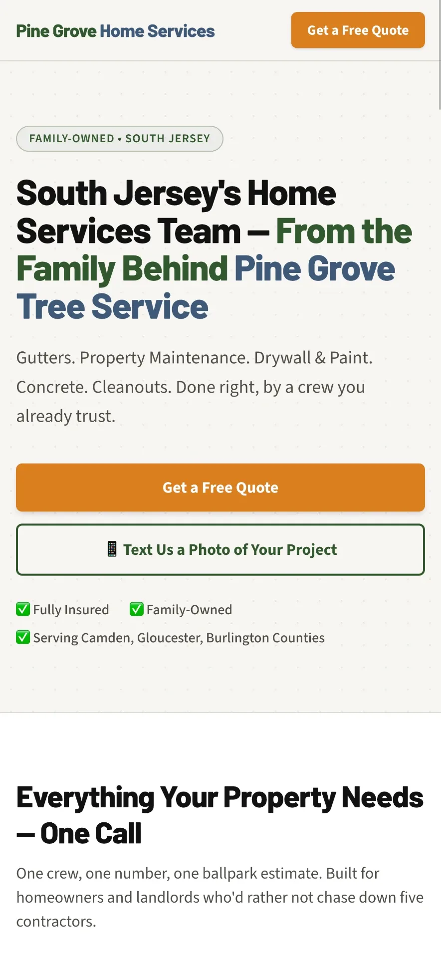 Mobile homepage of Pine Grove Home Services, home services website by AMPDmedia