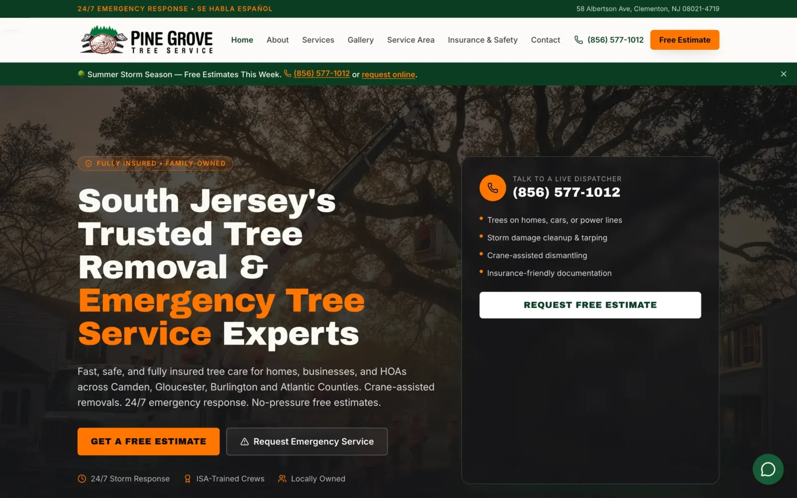 Homepage of Pine Grove Tree Service, home services (tree care) website by AMPDmedia
