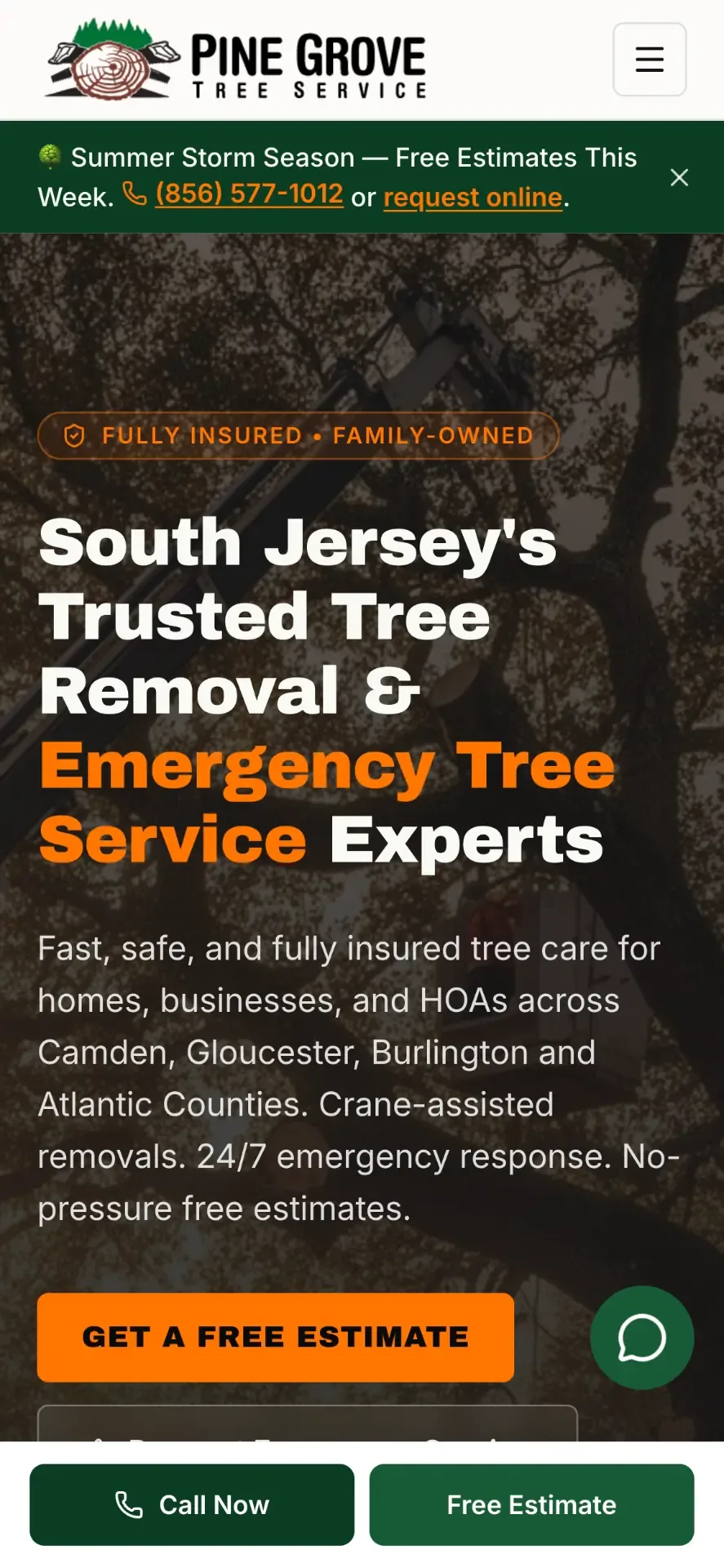 Mobile homepage of Pine Grove Tree Service, home services (tree care) website by AMPDmedia
