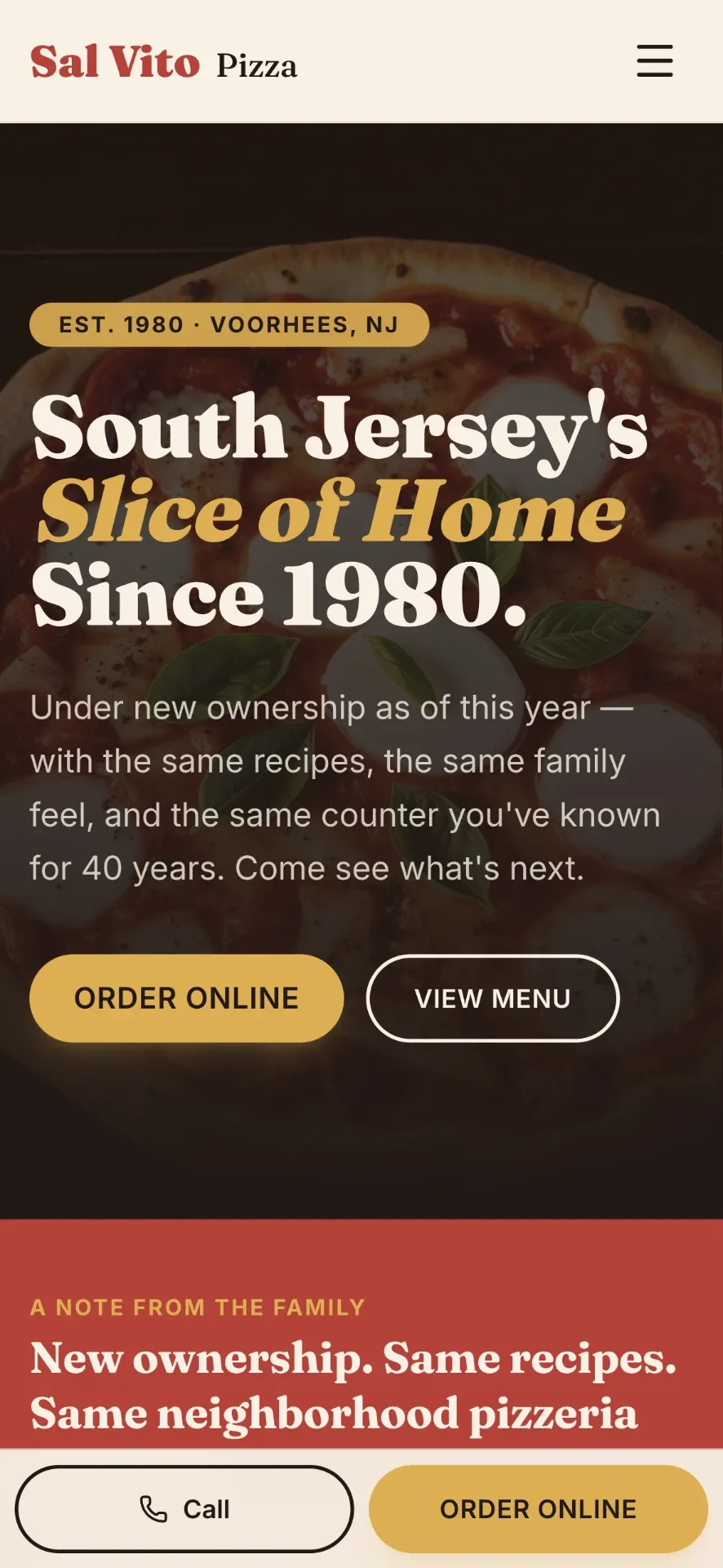 Mobile homepage of Sal Vito Pizza @ The Ritz, restaurant website by AMPDmedia