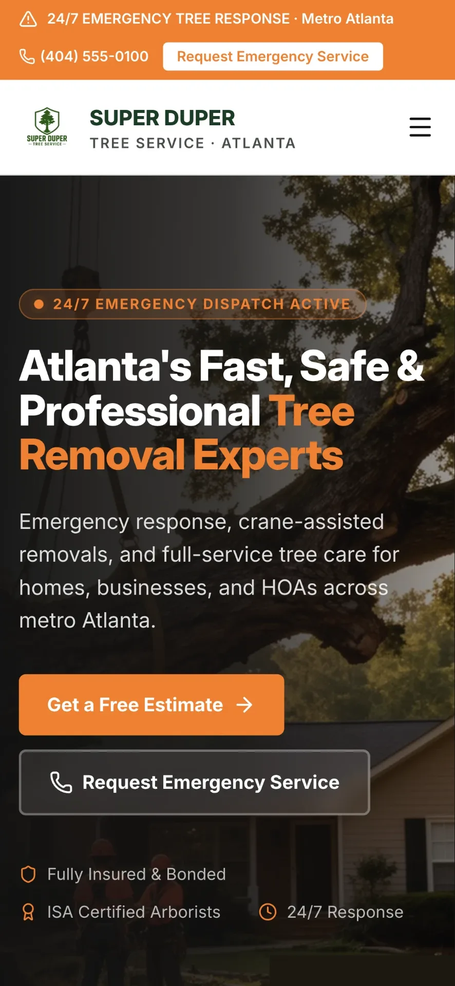 Mobile homepage of Tree Service Website with Emergency Response, tree care website by AMPDmedia